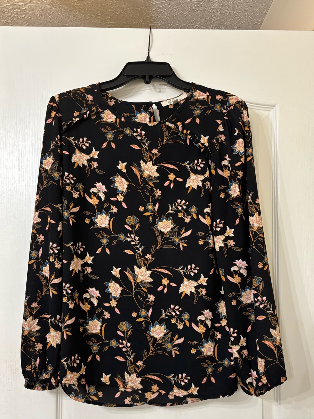 Black Floral Long-Sleeve Women’s Blouse with Pink and Cream Accents
